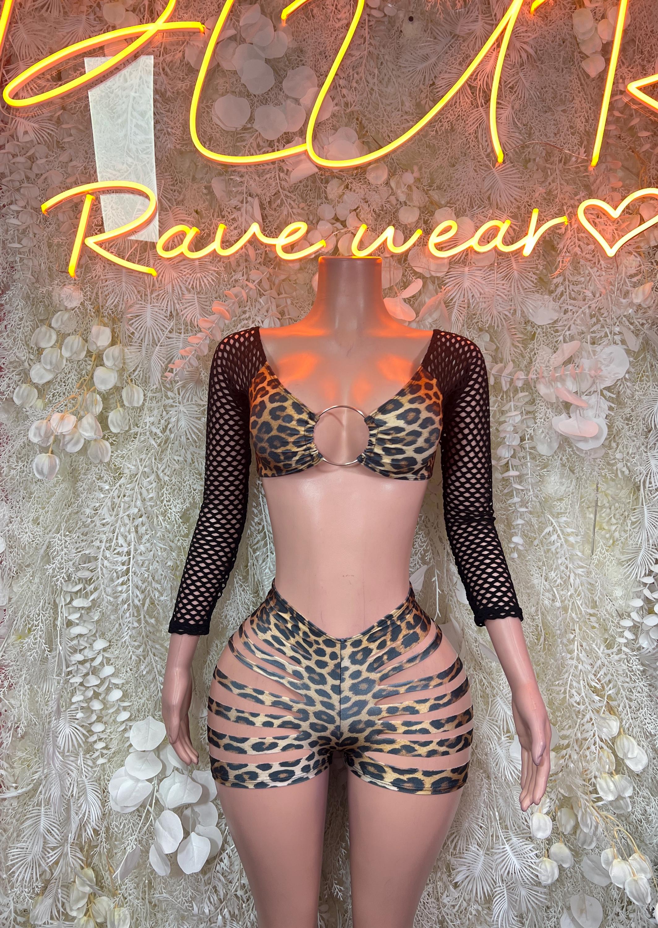 Leopard-print crop top and high-waist shorts with long sheer sleeves, front cutout ring