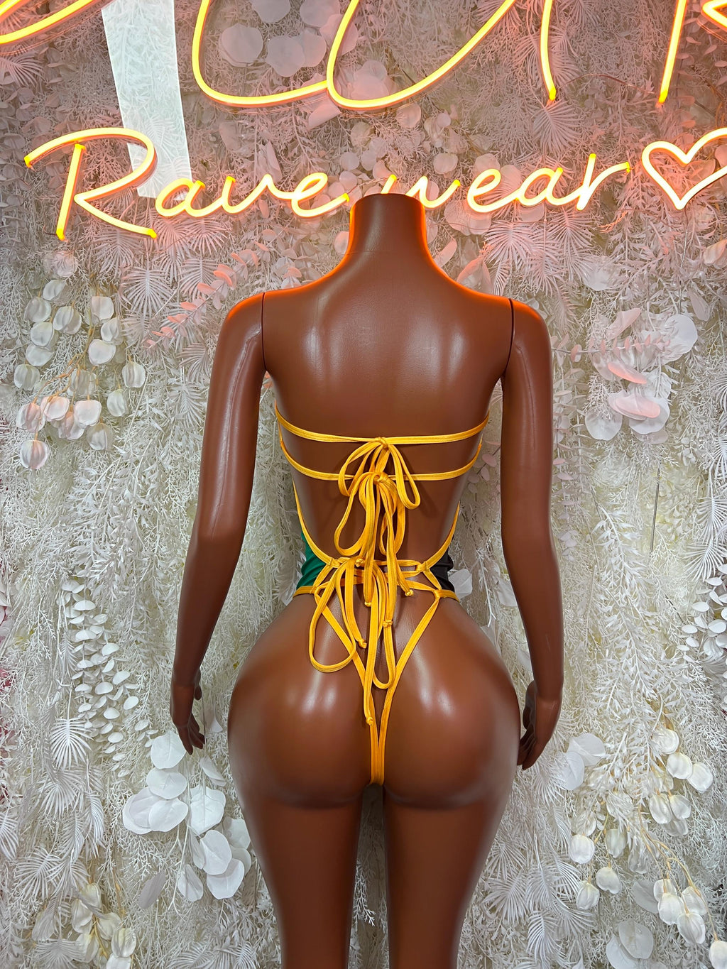 Jamaica flag bodysuit backless with yellow lace-up ties and thin strap trim