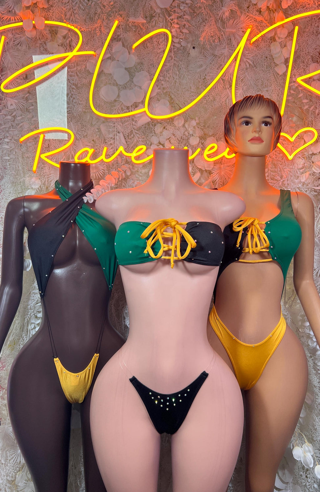 Jamaica-color two-piece bodysuit with green/yellow knotted bandeau top and black thong