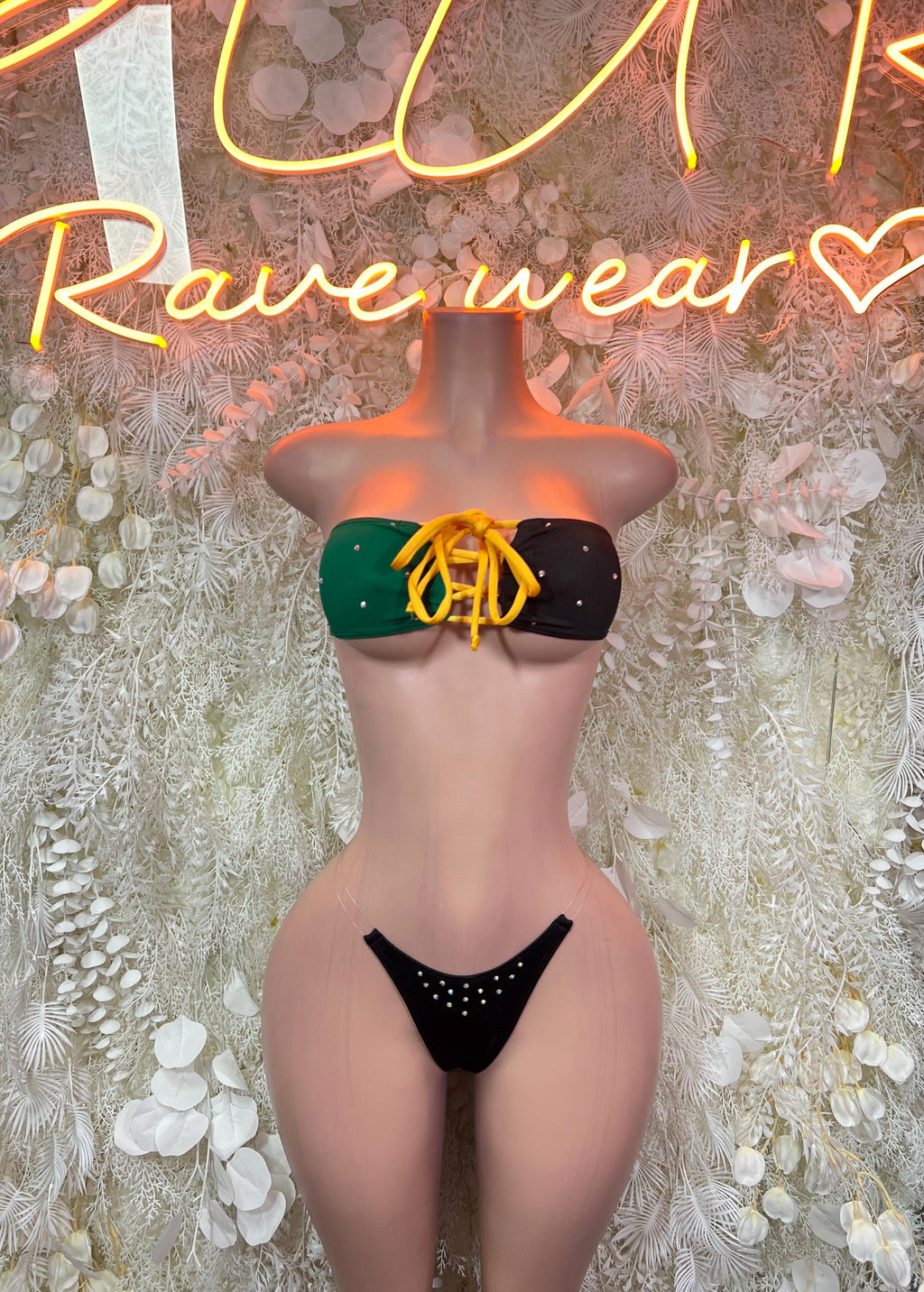 Green, yellow and black rave two-piece with knotted bandeau top and black rhinestone thong