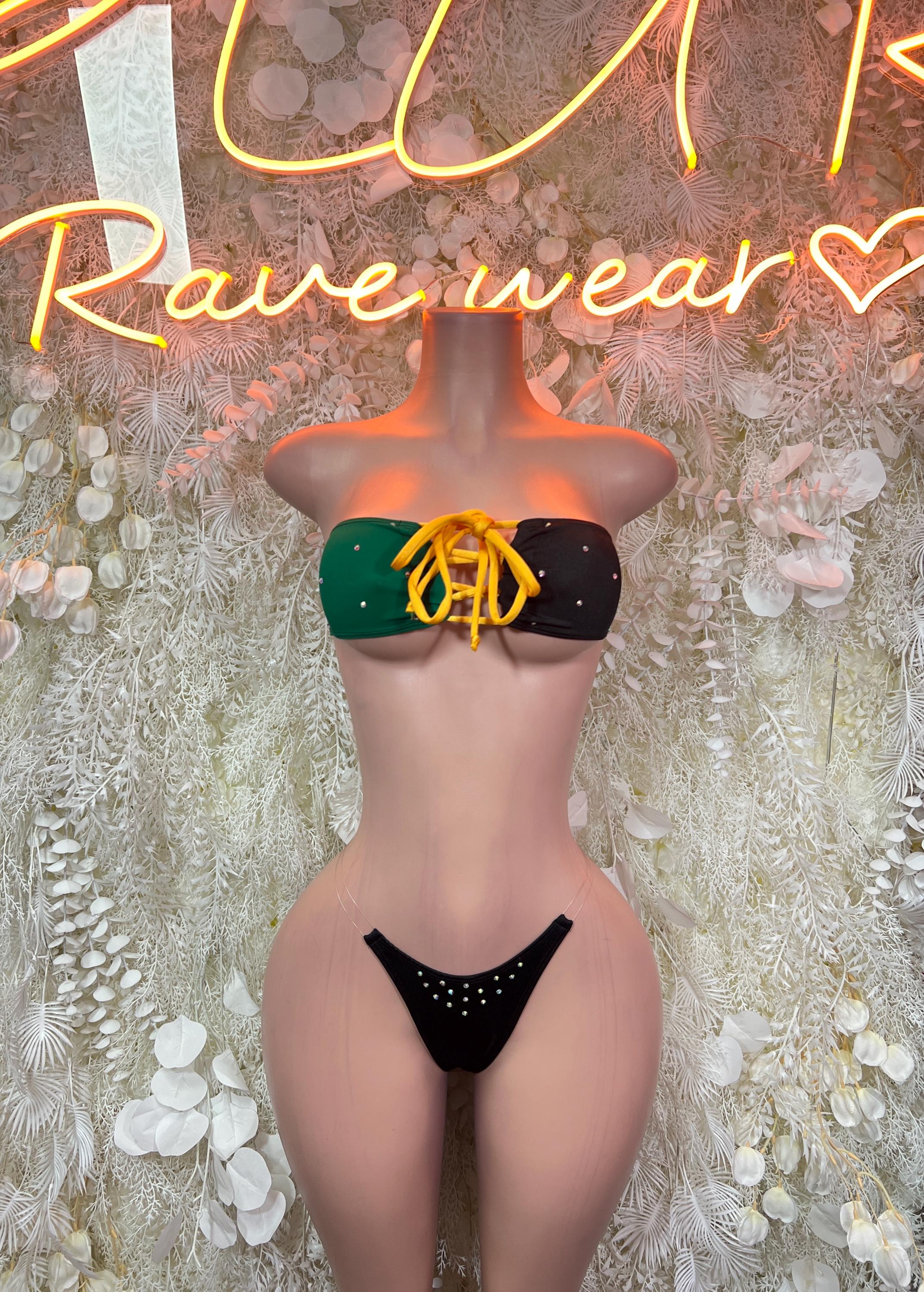 Green, yellow and black rave two-piece with knotted bandeau top and black rhinestone thong