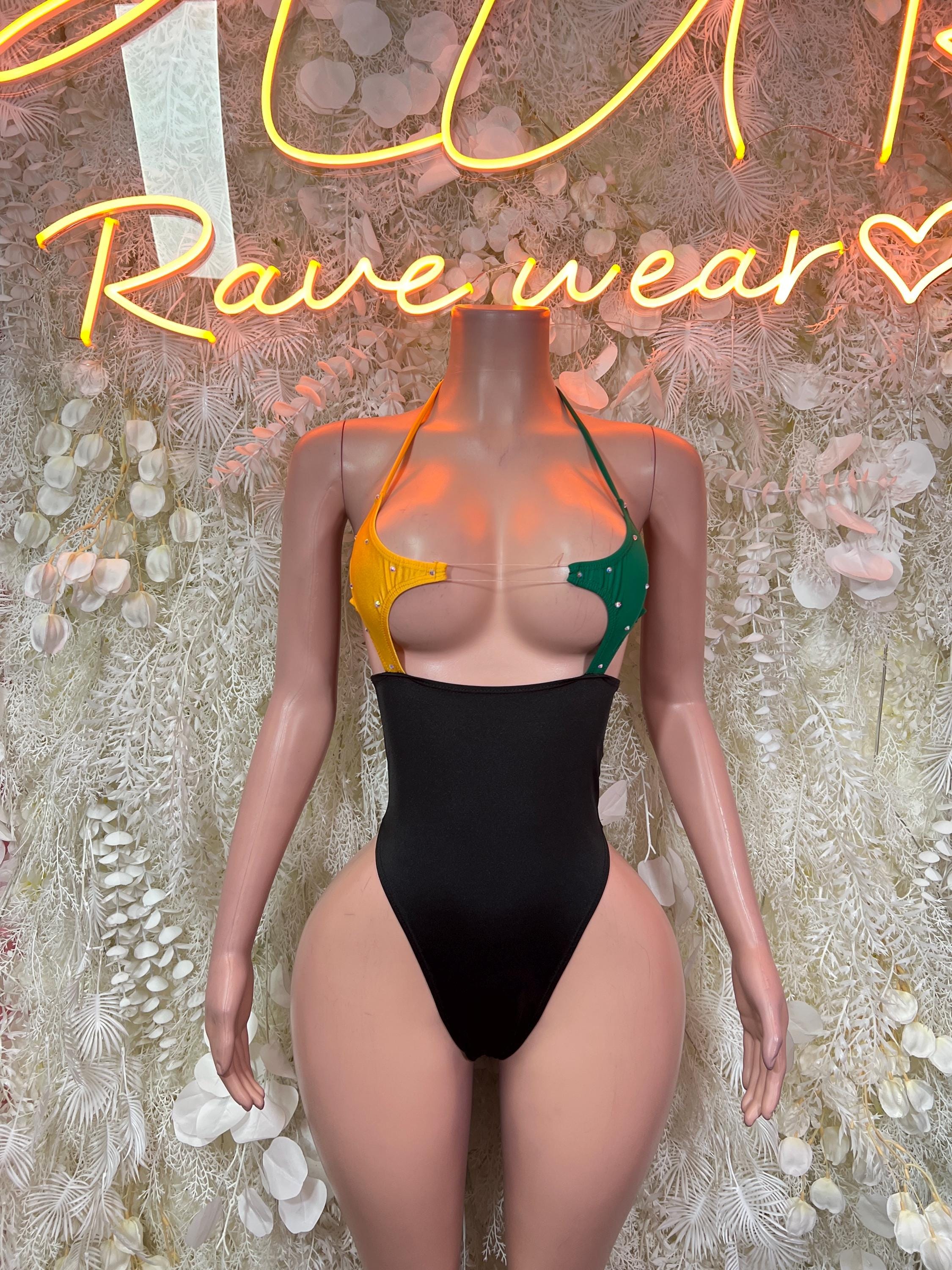 Jamaica flag halter bodysuit with black base, green and yellow color-block panels