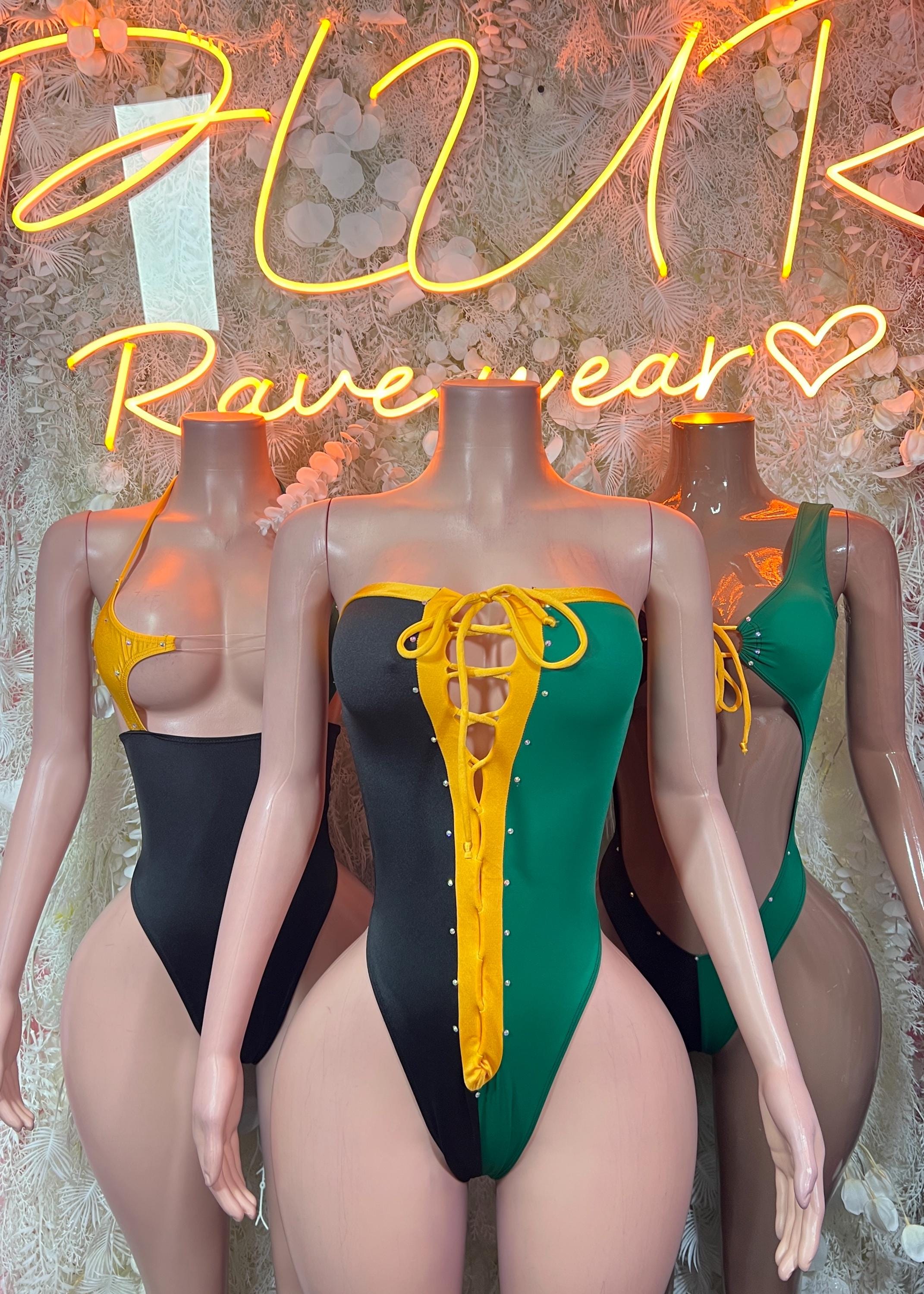 Jamaica flag lace-up bodysuit set, front view with yellow lacing and tri-color panels