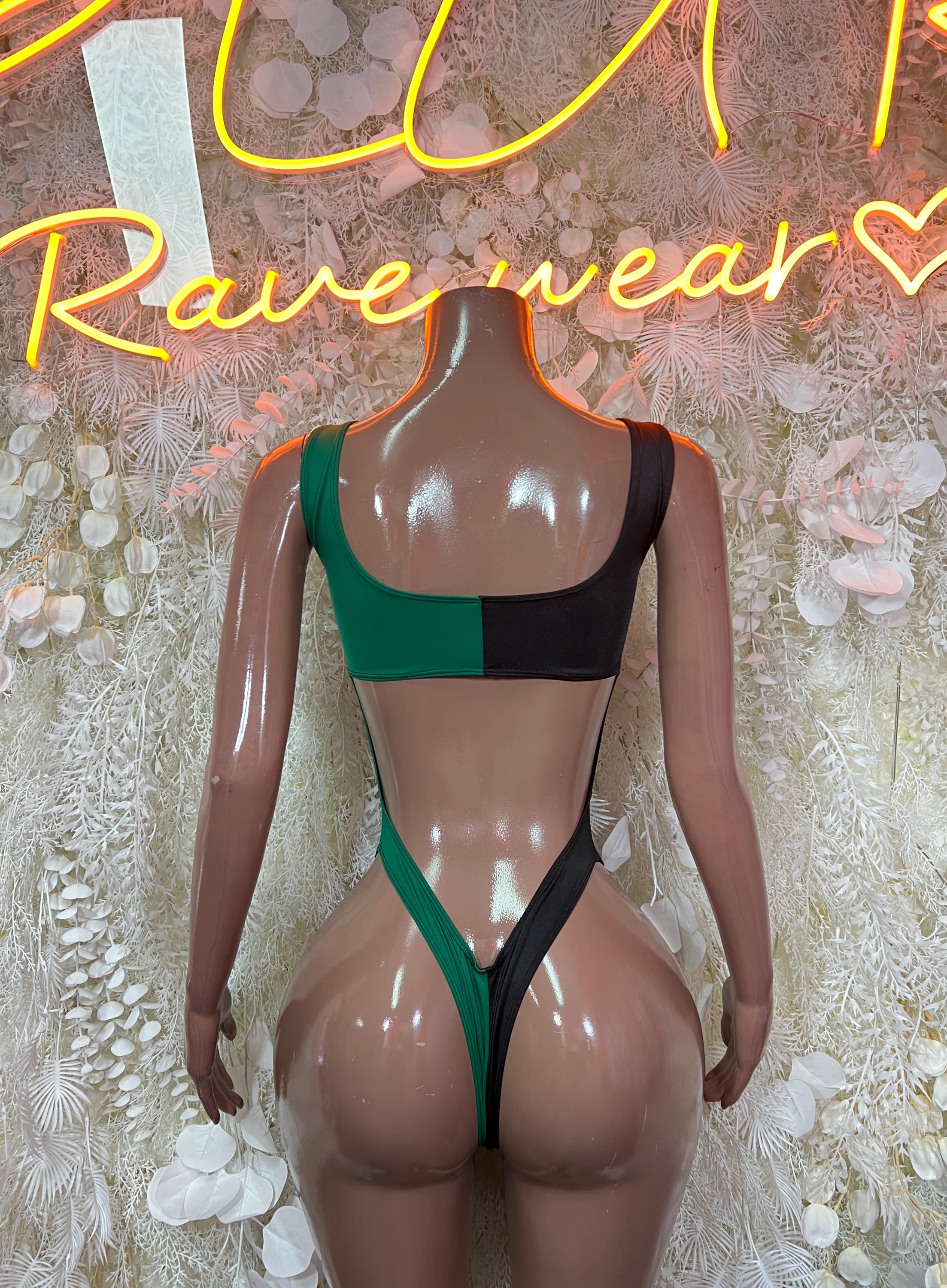 Back view Jamaica flag rave bodysuit with green center panel and black straps