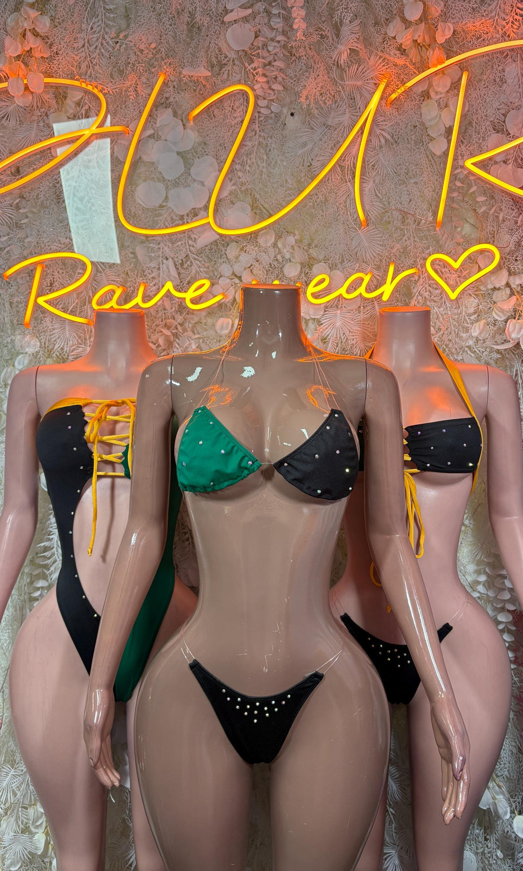 Jamaican flag-style two-piece bikini with green-and-black triangle top and black rhinestone bottoms