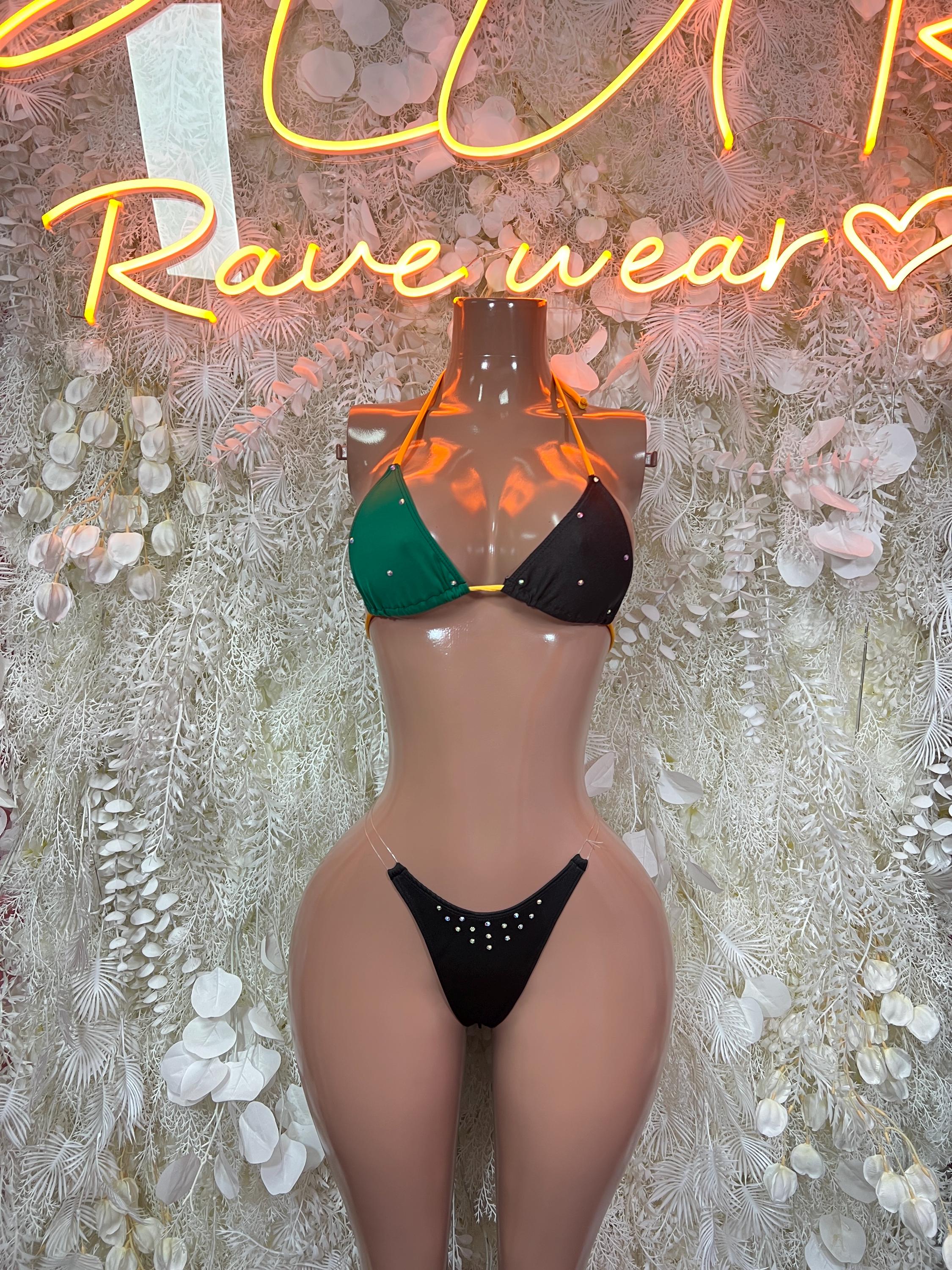 Two-piece bikini with green and black triangle top and matching tie-side bottoms