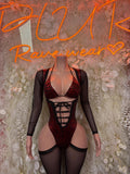 Red cheetah-print bodysuit with black mesh long sleeves, front crisscross lace-up
