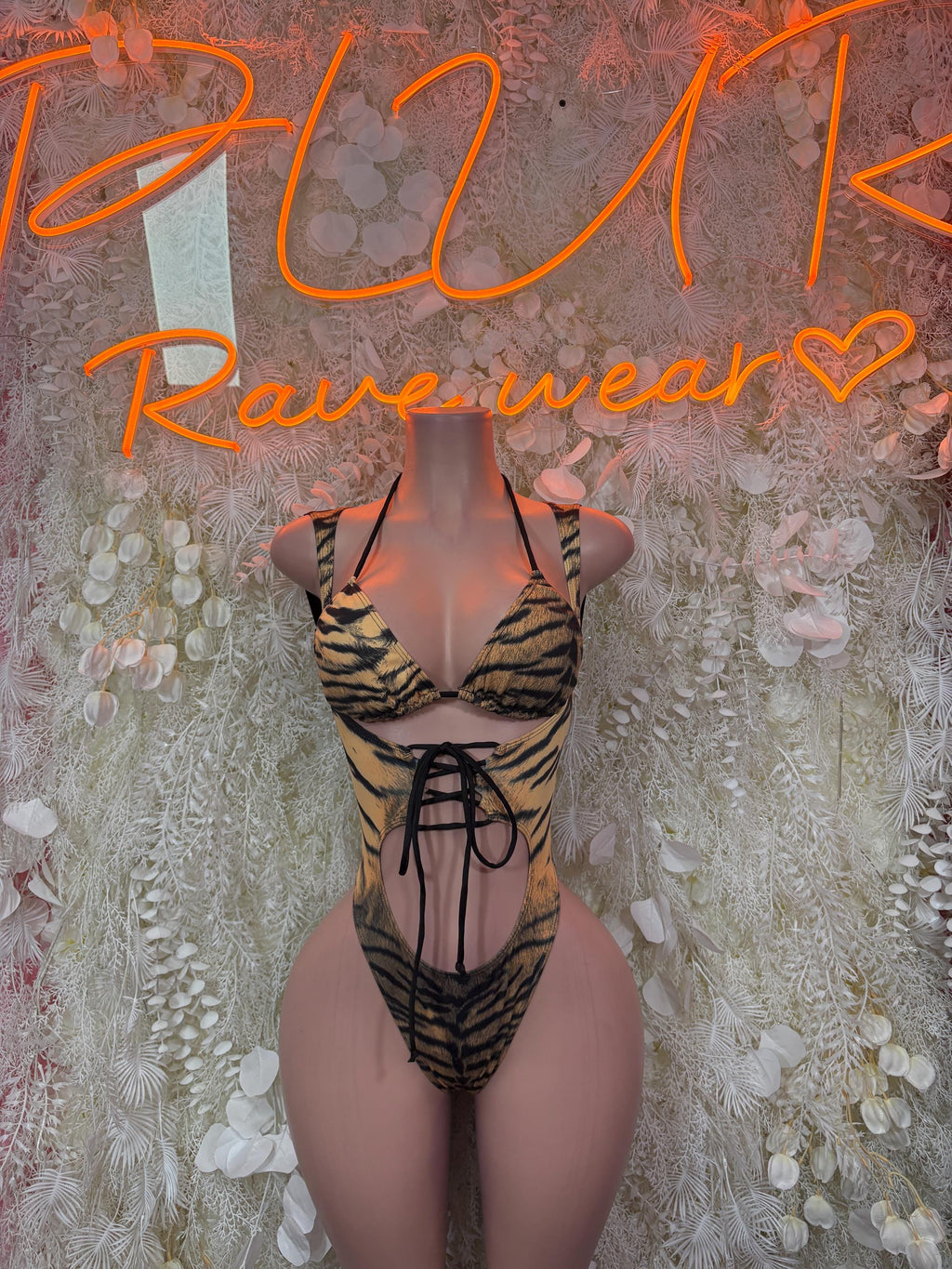 Tiger print lace-up one-piece bodysuit with open back and underbust ties