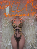 Tiger print lace-up one-piece bodysuit with open back and underbust ties