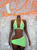 Neon green lace bikini top and mini skirt two-piece set, scalloped edges