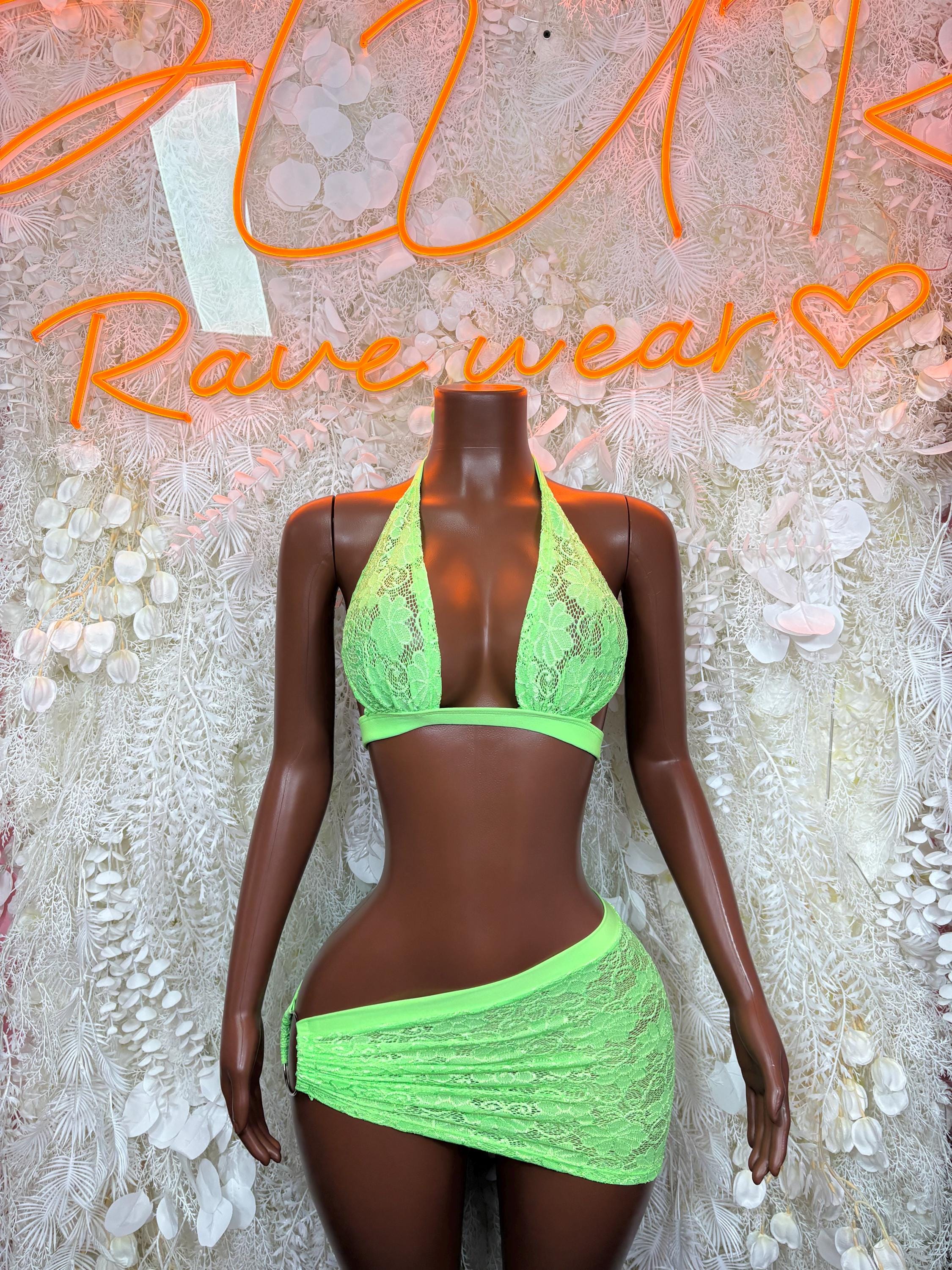 Neon green lace bikini top and mini skirt two-piece set, scalloped edges