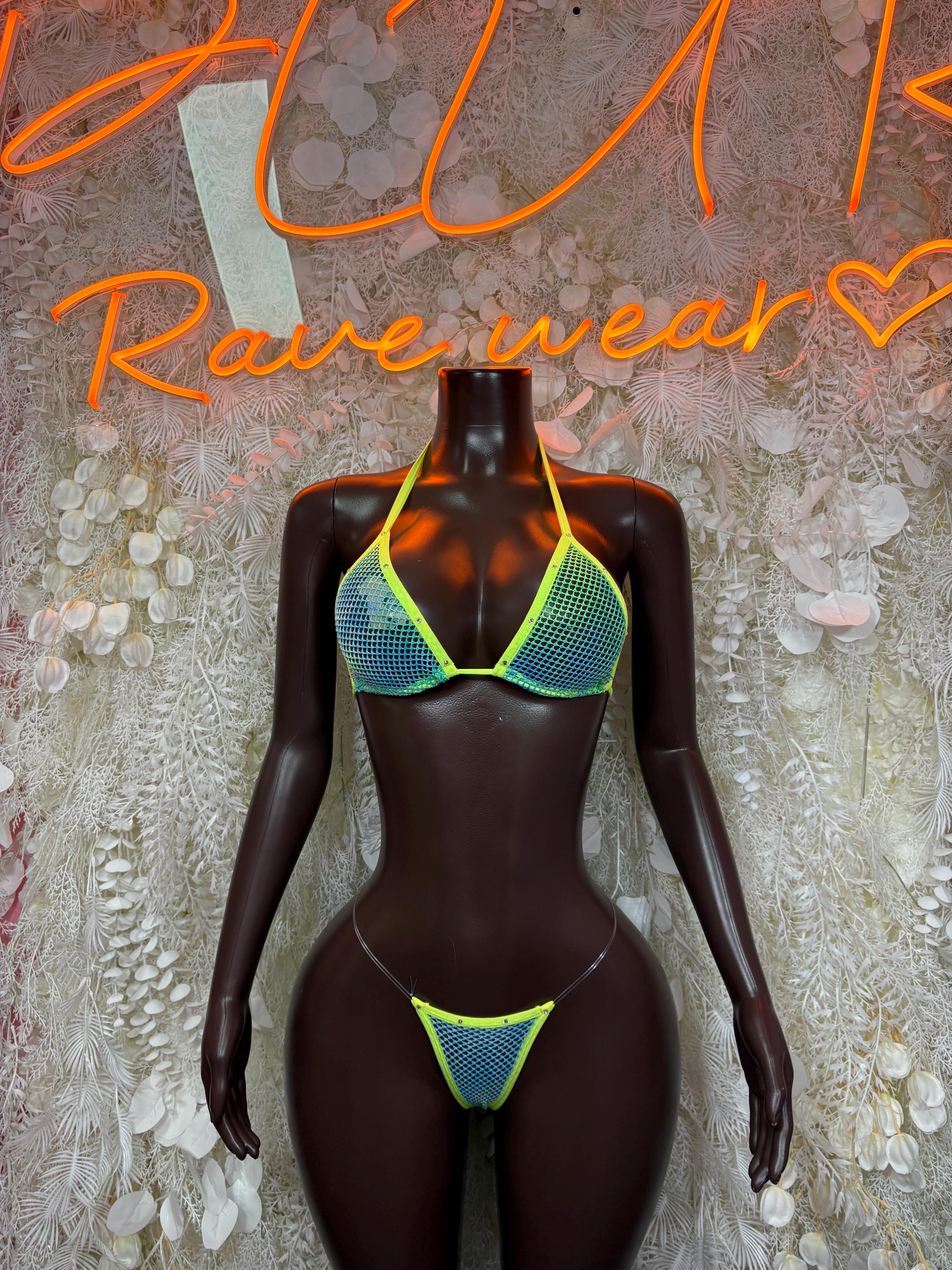 Neon green strappy bikini top and matching high-cut bottom with neon trim.