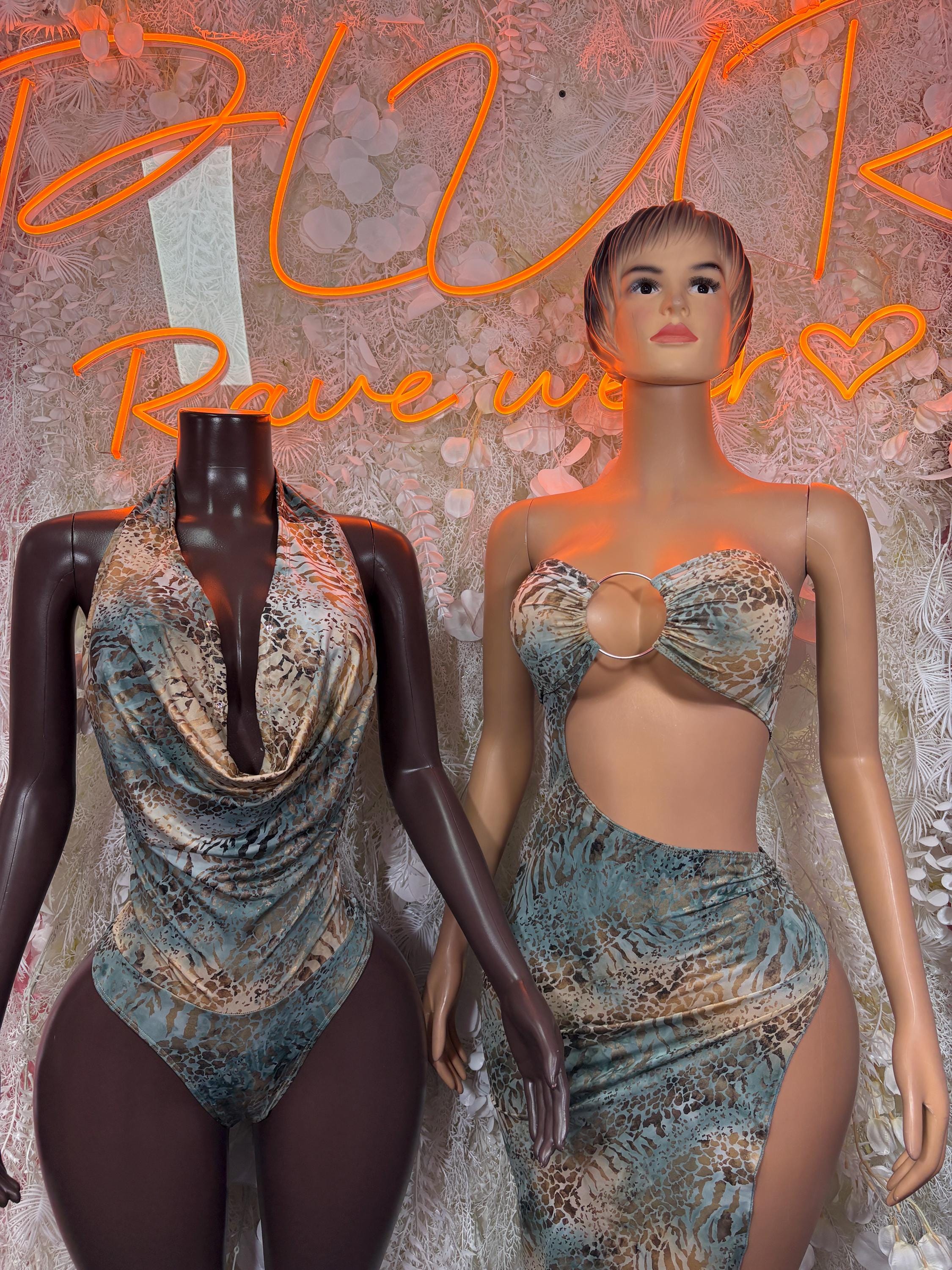 Rave dress on model and mannequin: blue-toned ring bra top with draped skirt