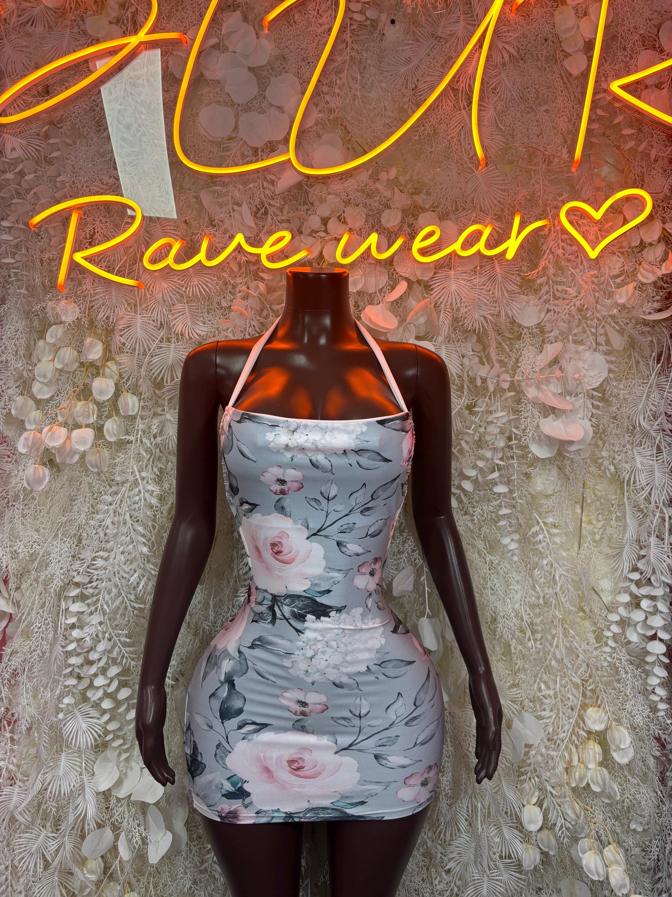 Floral one-piece dress with thin straps; light blue with pink roses