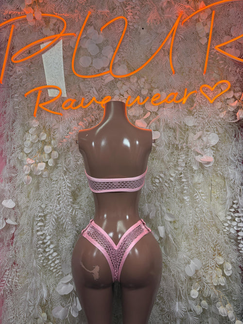 Pink mesh two-piece dancewear set with scalloped trim bralette and high-cut bottoms