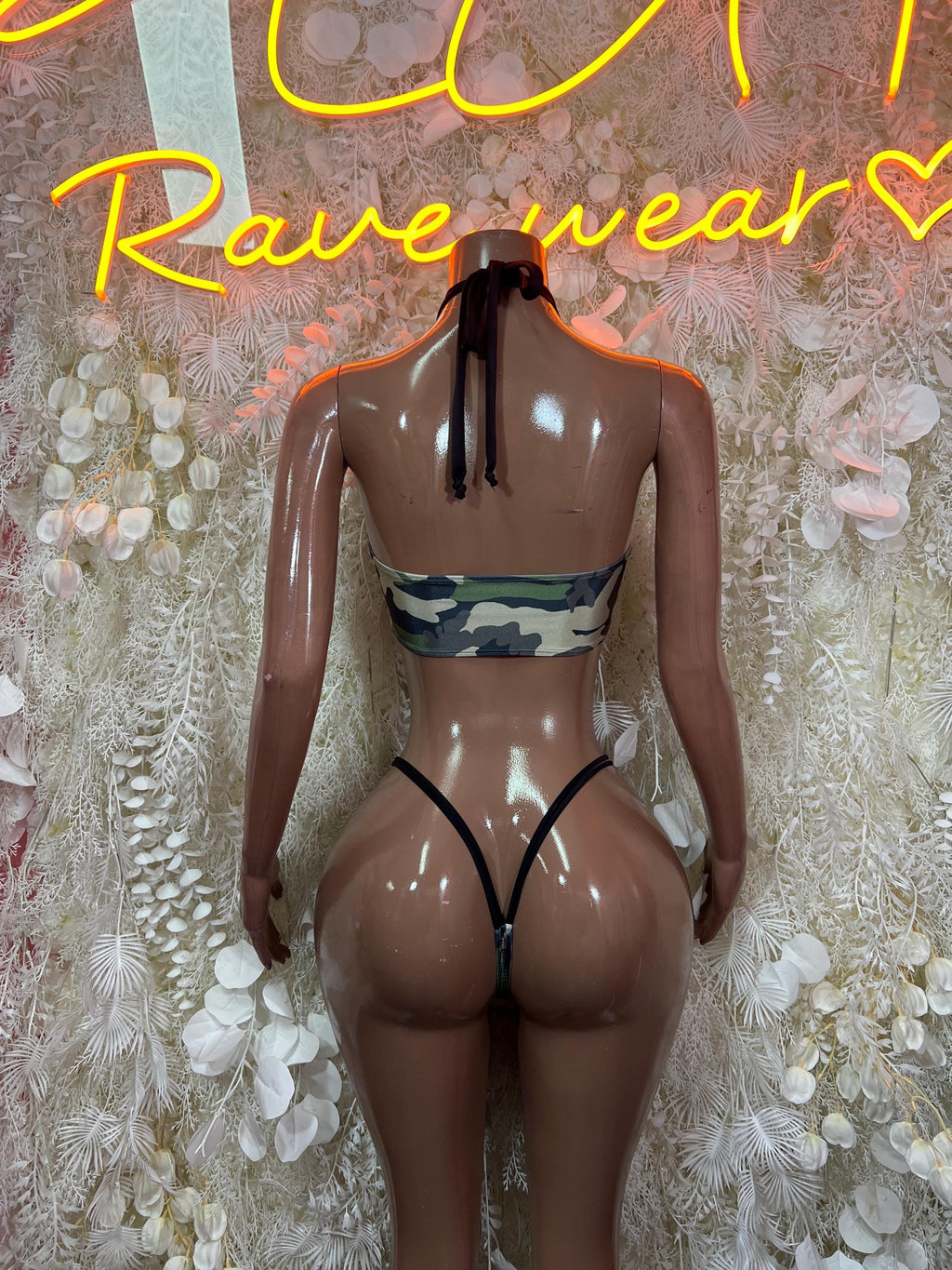 Camo-print two-piece bikini with halter-back tie and tie-side bottoms