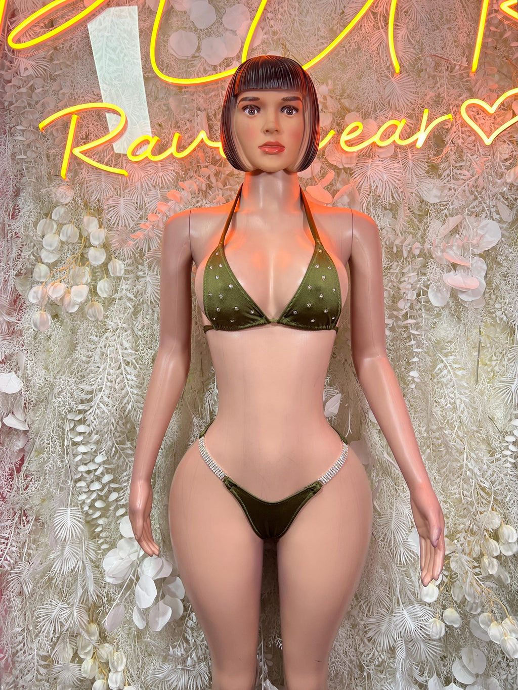 Olive green rhinestone triangle bikini with tie-side bottoms, front view