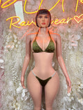 Olive green rhinestone triangle bikini with tie-side bottoms, front view