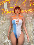 Argentina flag one-piece swimsuit, light blue with white lace-up front