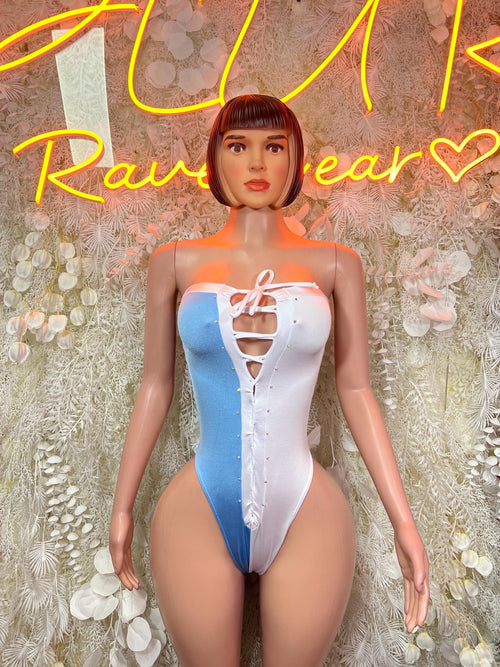 Argentina flag one-piece swimsuit, light blue with white lace-up front