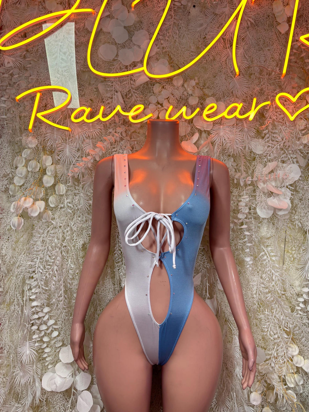 Color-block one-piece swimsuit in white and blue, deep V front with lace-up tie
