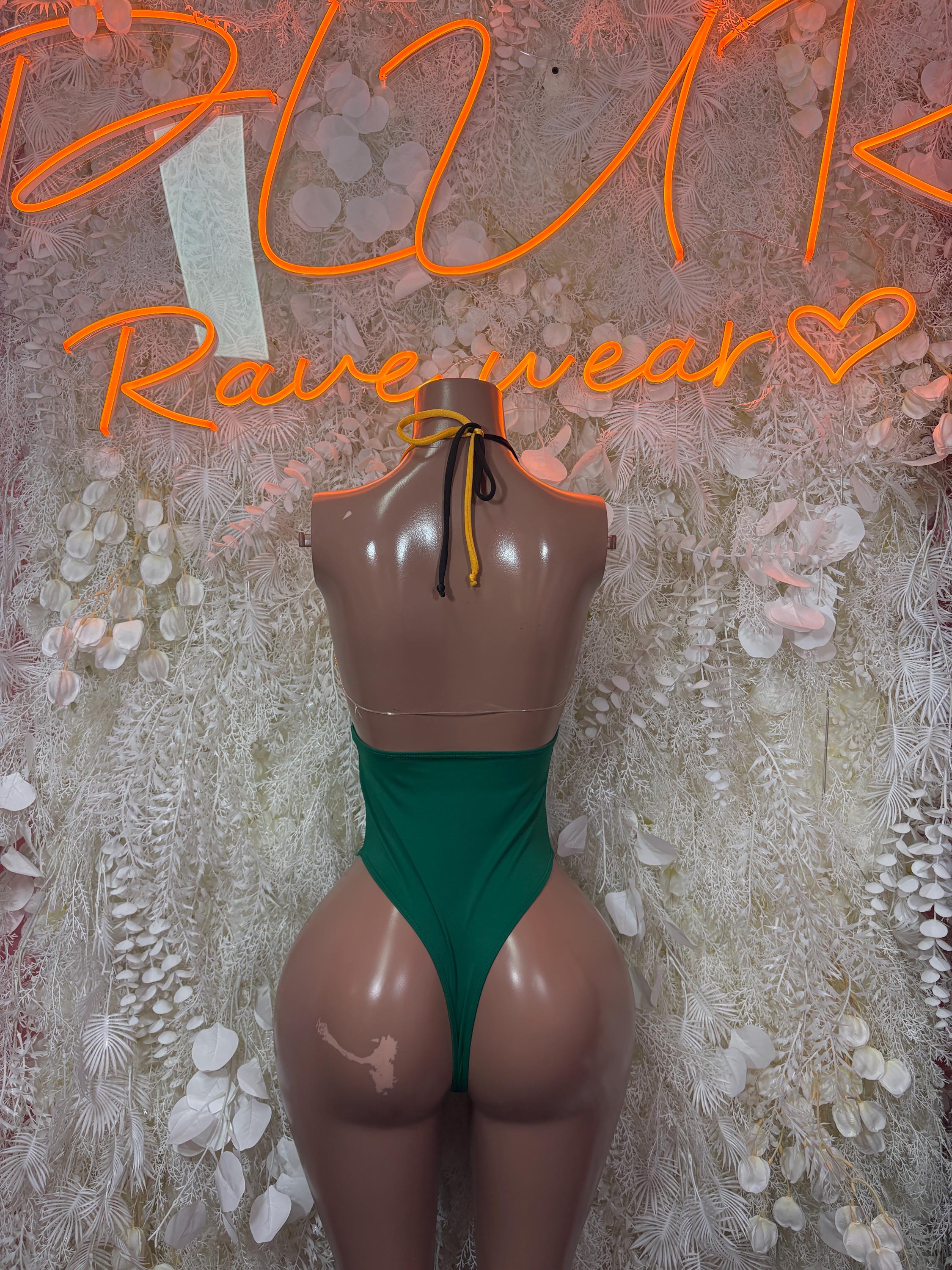 Green one-piece bodysuit with black halter tie straps and V-front