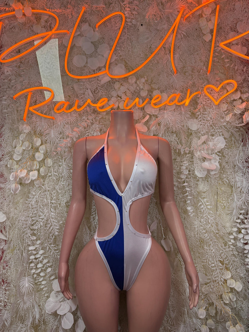 Women’s one-piece swimsuit, white and blue cutout panels, high-leg fit