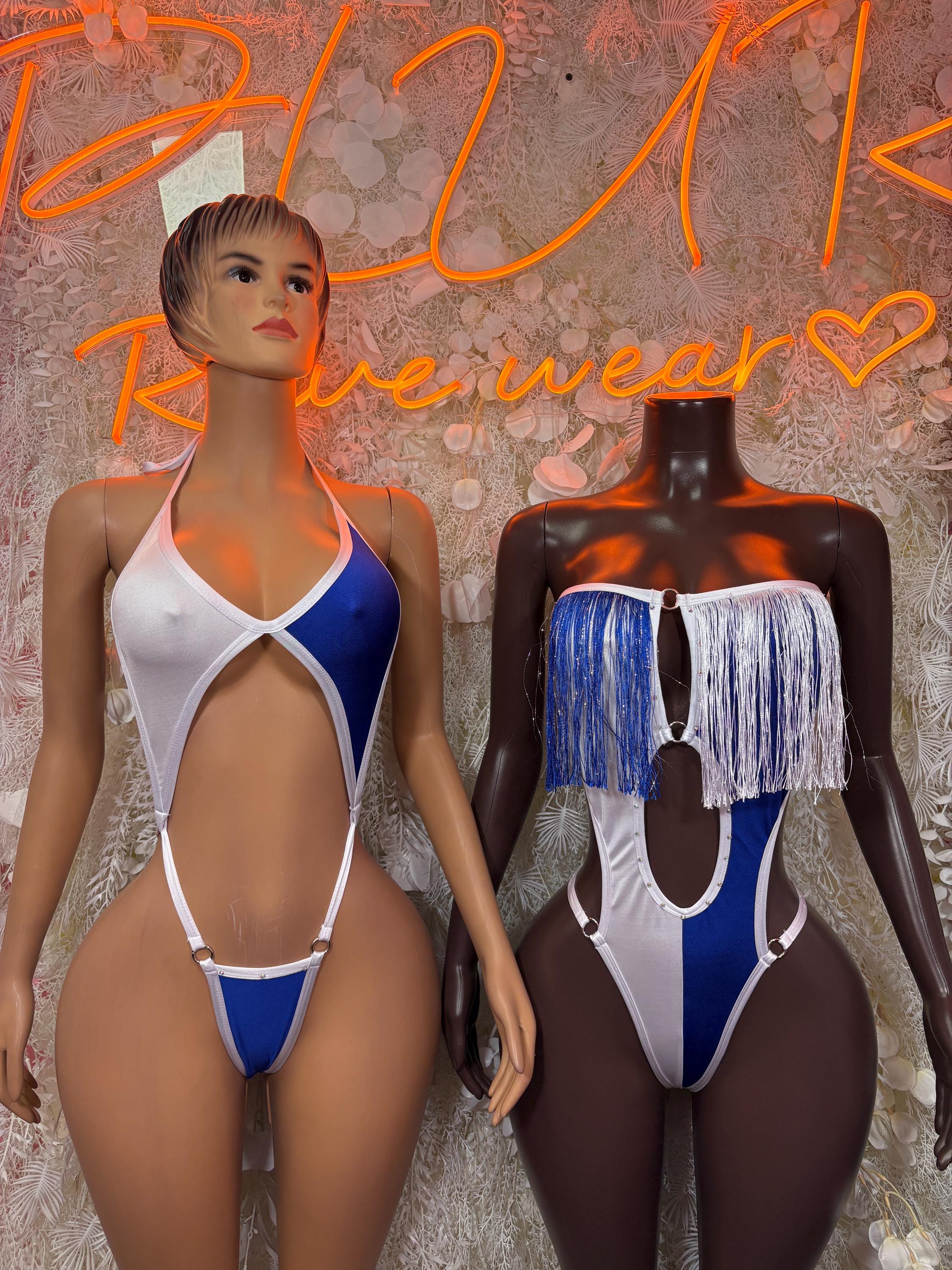 Women’s one-piece swimsuit in white and blue with tassel fringe and cutout sides