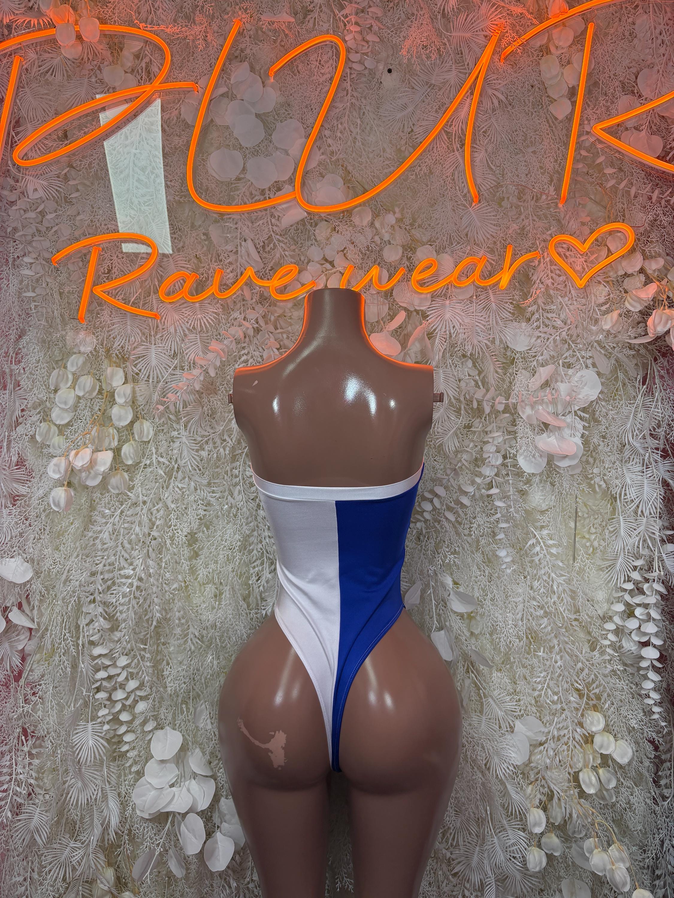 Women’s blue-and-white one-piece swimsuit with lace-up front and low back