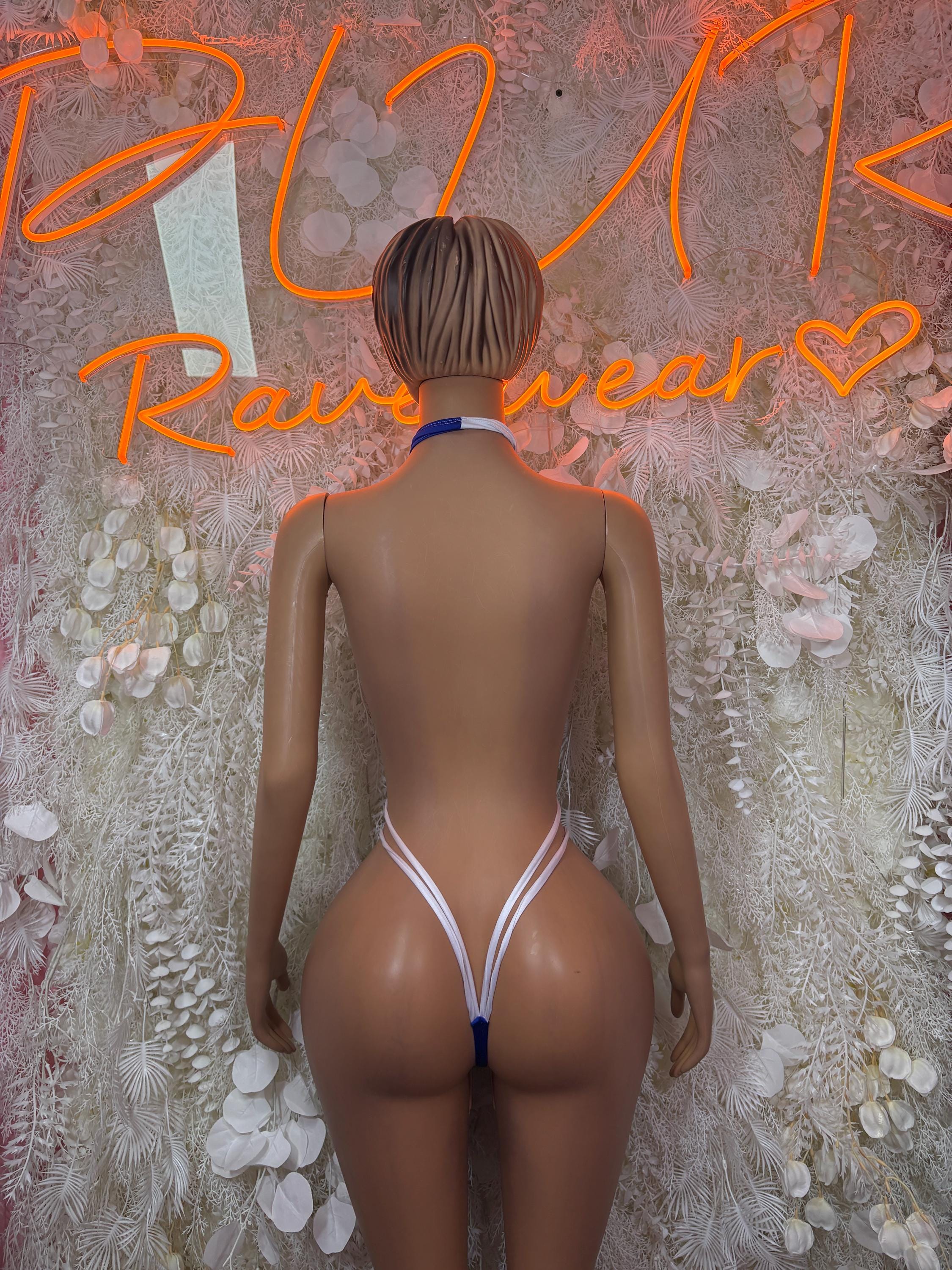 Blue and white halter bodysuit, back view with lace-up cutouts and open back