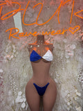 Blue and white flag-style two-piece bikini with triangle cups and tie bottoms