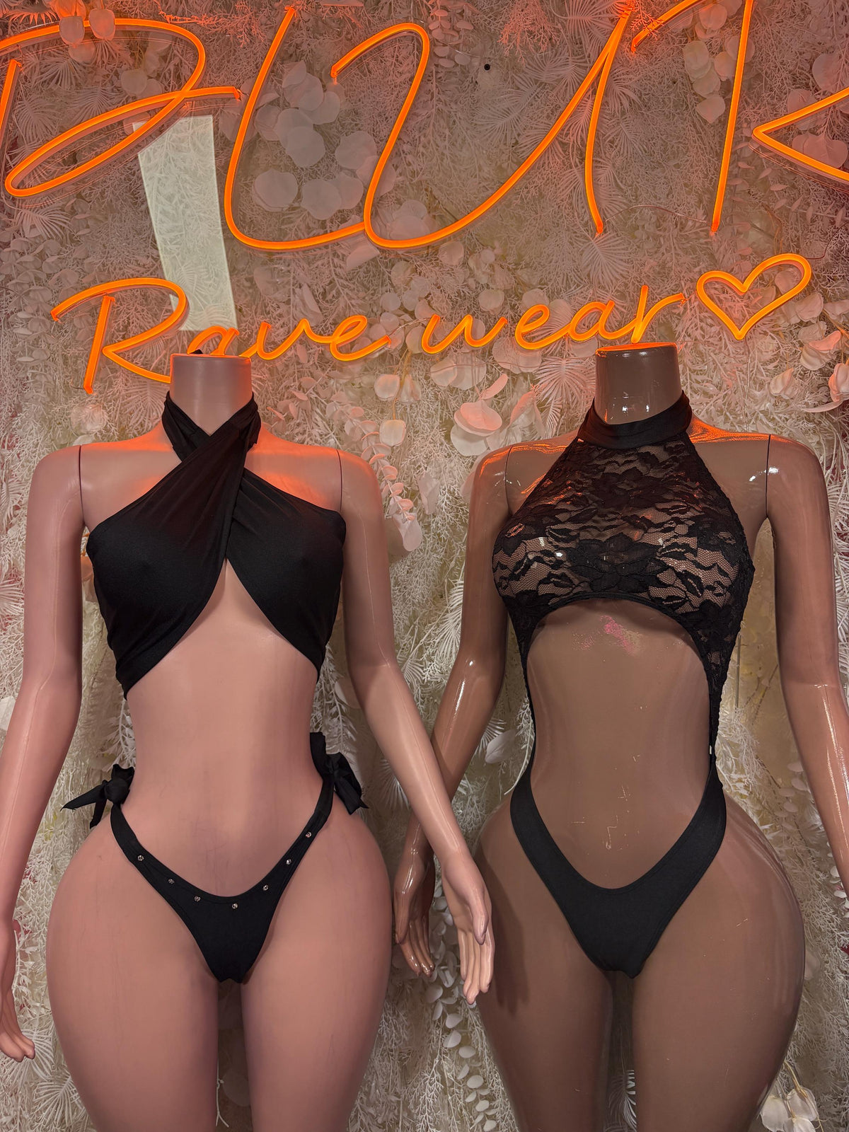 Black two-piece bikini set with halter tops and lace cutouts, front and side views