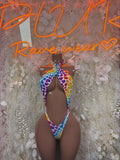 Rainbow hearts one-piece bodysuit, open back with thin crisscross straps