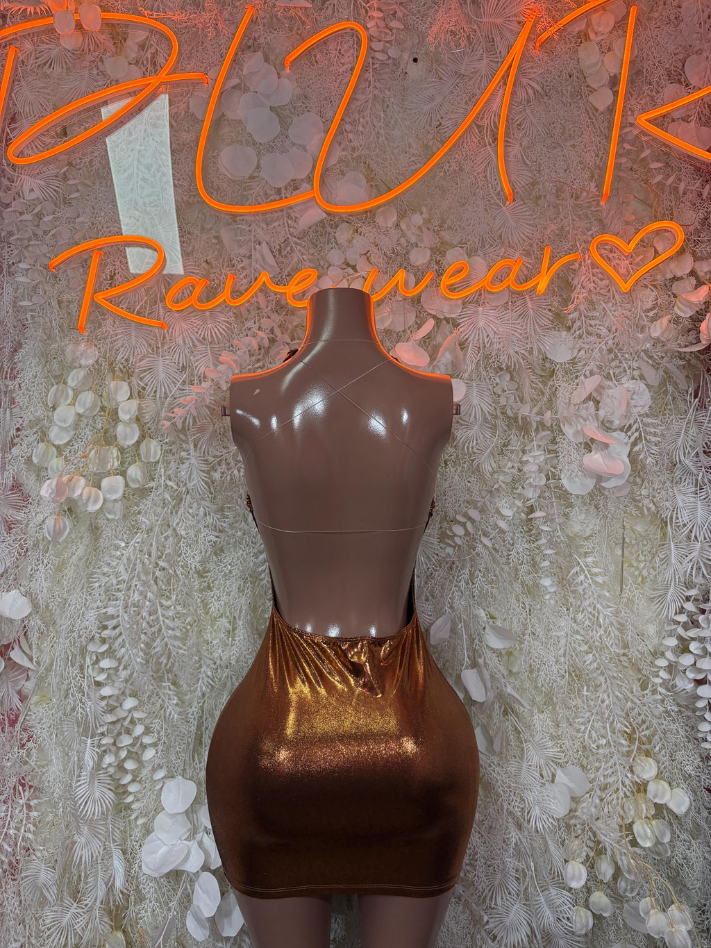 Bronze sleeveless mini dress with halter neck and draped bodice