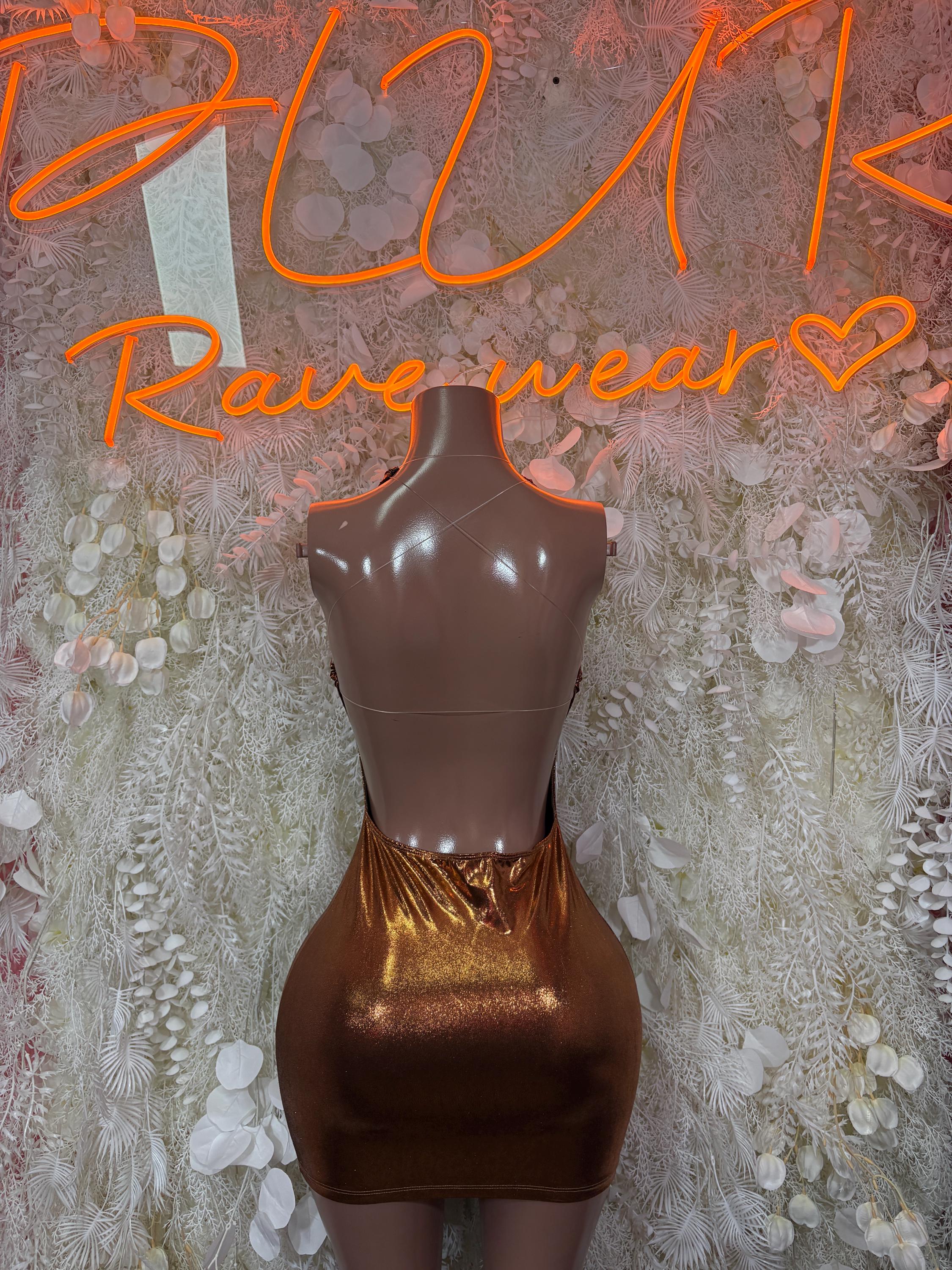 Bronze sleeveless mini dress with halter neck and draped bodice