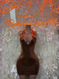 Bronze halter bodycon mini dress with ruched bust and scoop neckline