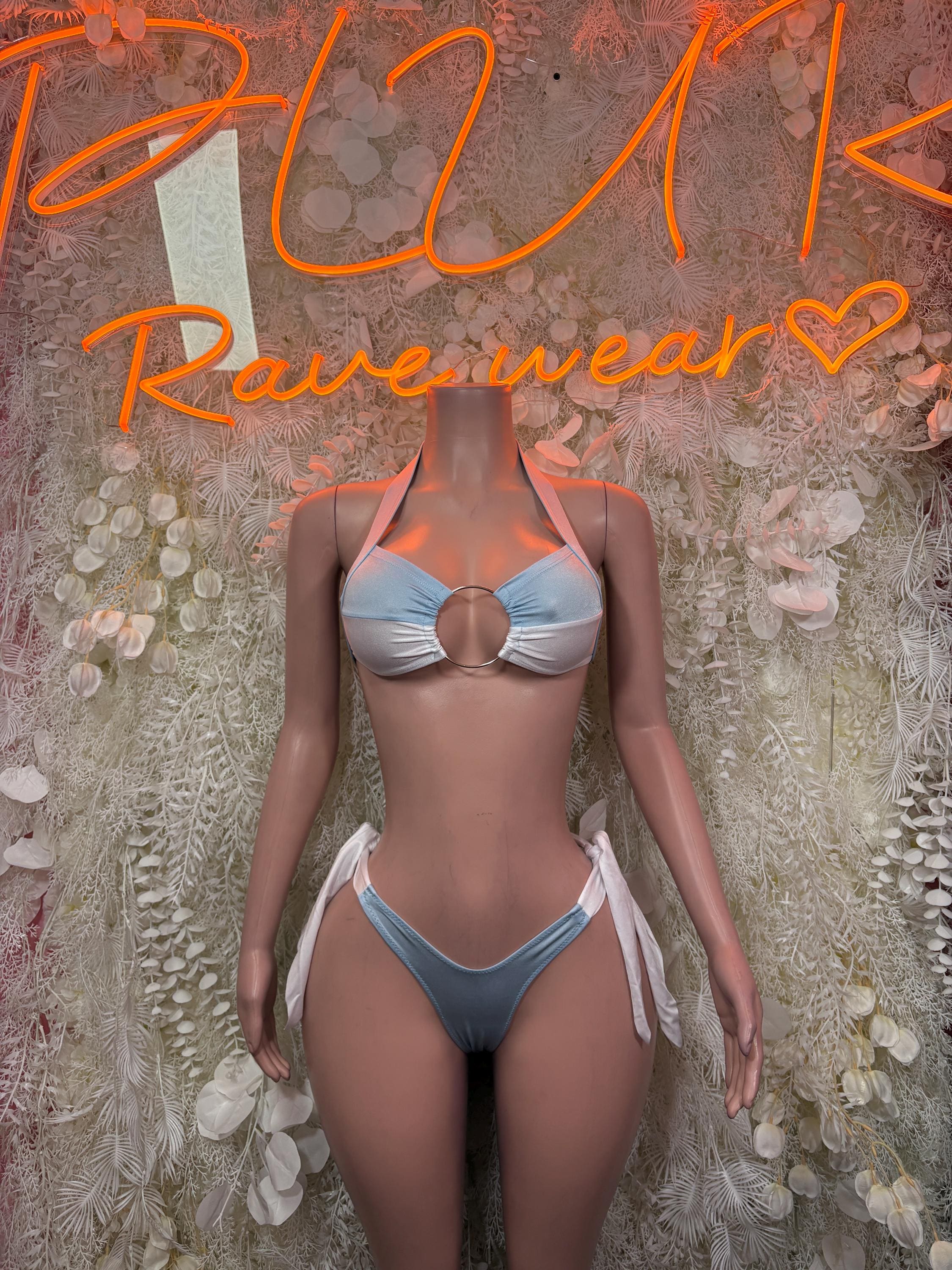 Light blue two-piece bikini festival costume with center ring detail