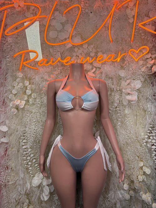 Light blue two-piece bikini festival costume with center ring detail