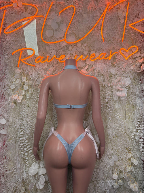 Light blue bikini festival outfit shown from back with lace-up straps