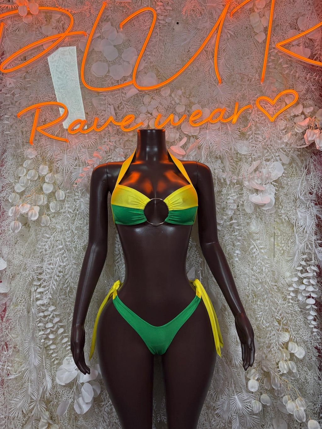 Brazilian flag rave bikini: green and yellow bandeau top with matching bottoms