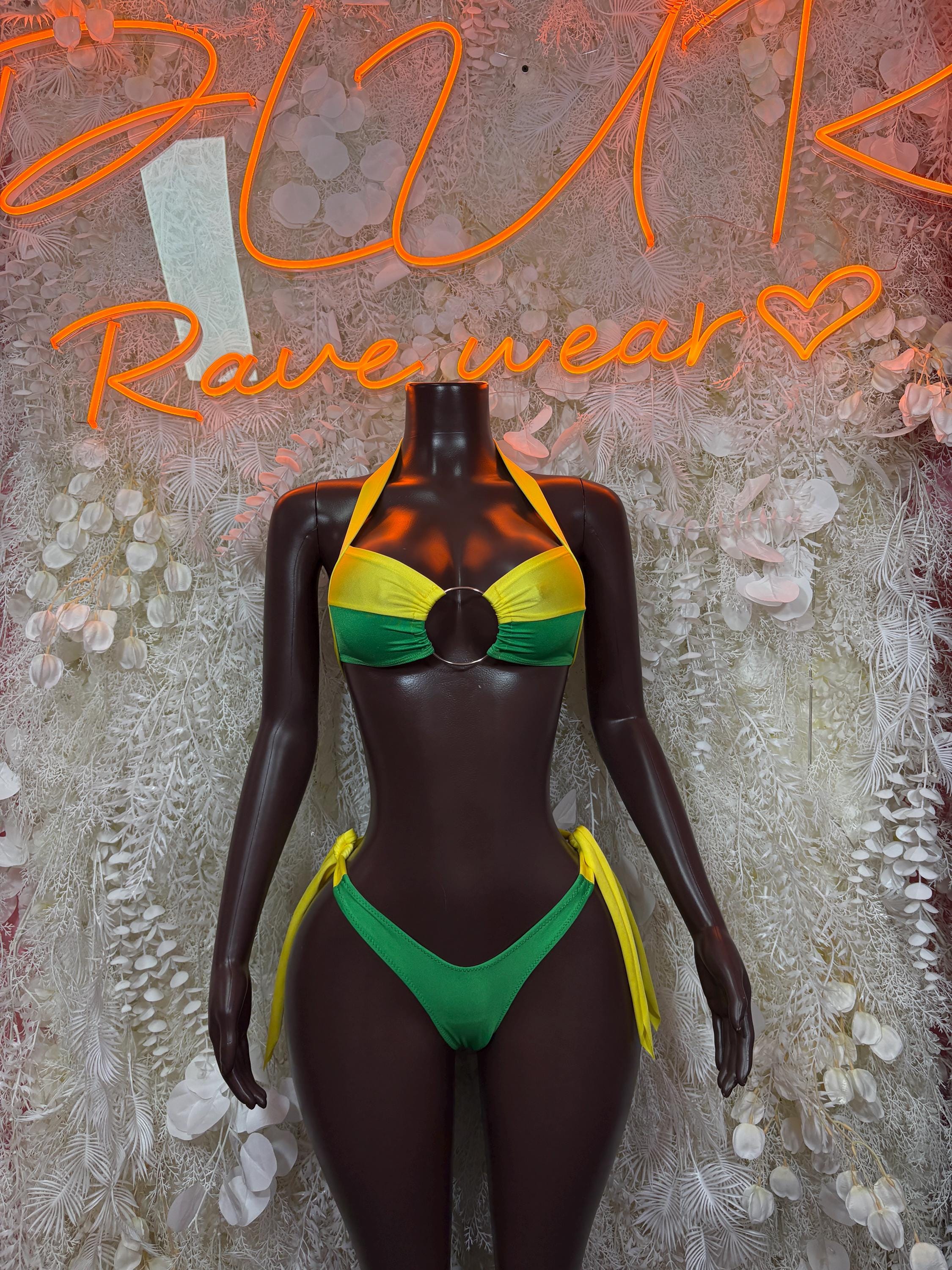 Brazilian flag rave bikini: green and yellow bandeau top with matching bottoms