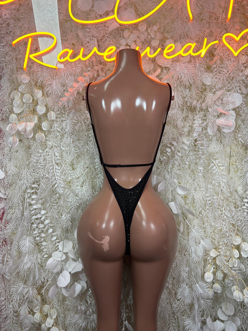 Black rhinestone backless bodysuit with V-shaped back and thong-cut legs