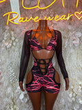 Red lightning print one-piece bodysuit with mesh long sleeves and front lace-up cutout