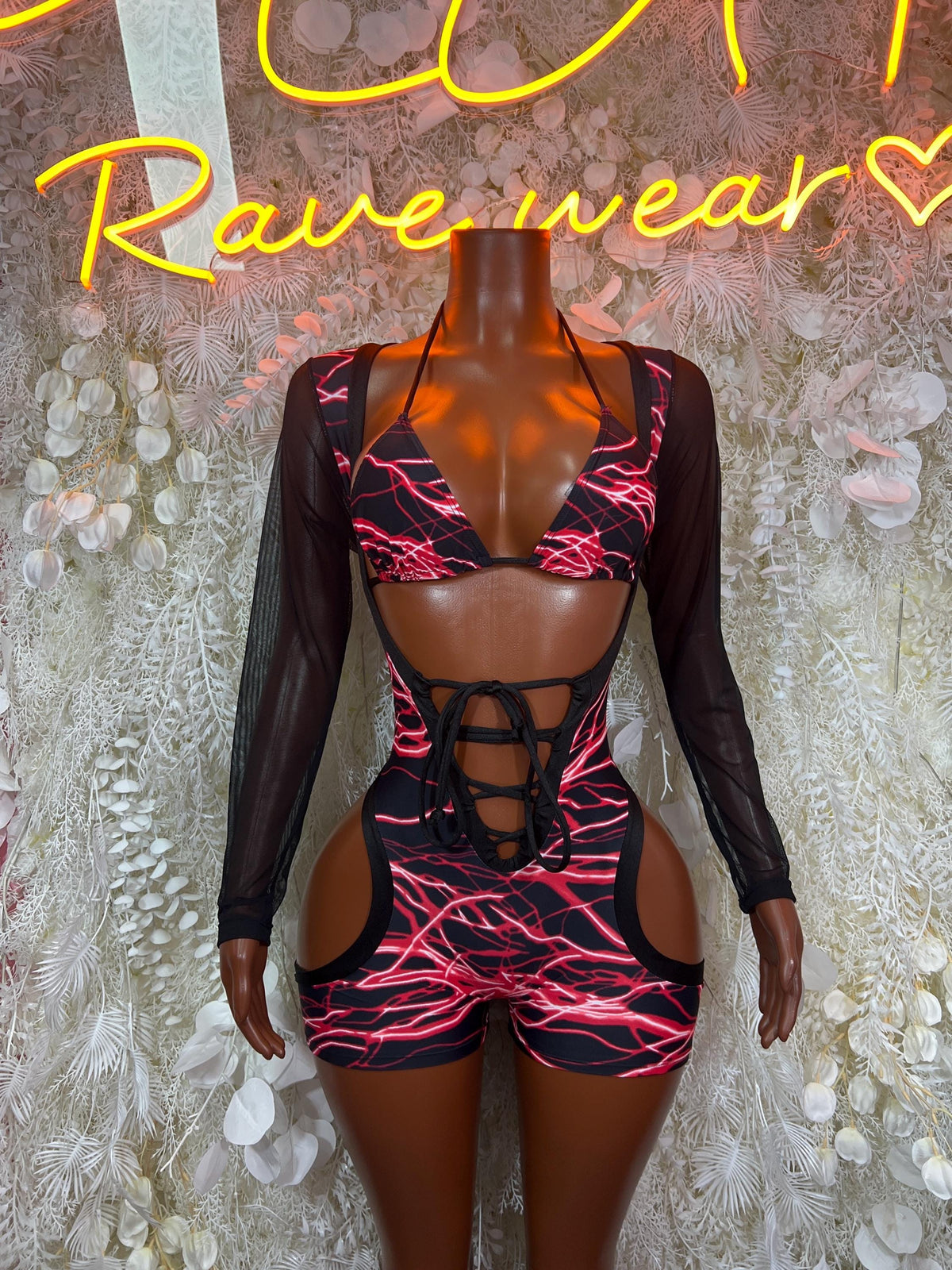 Red lightning print one-piece bodysuit with mesh long sleeves and front lace-up cutout