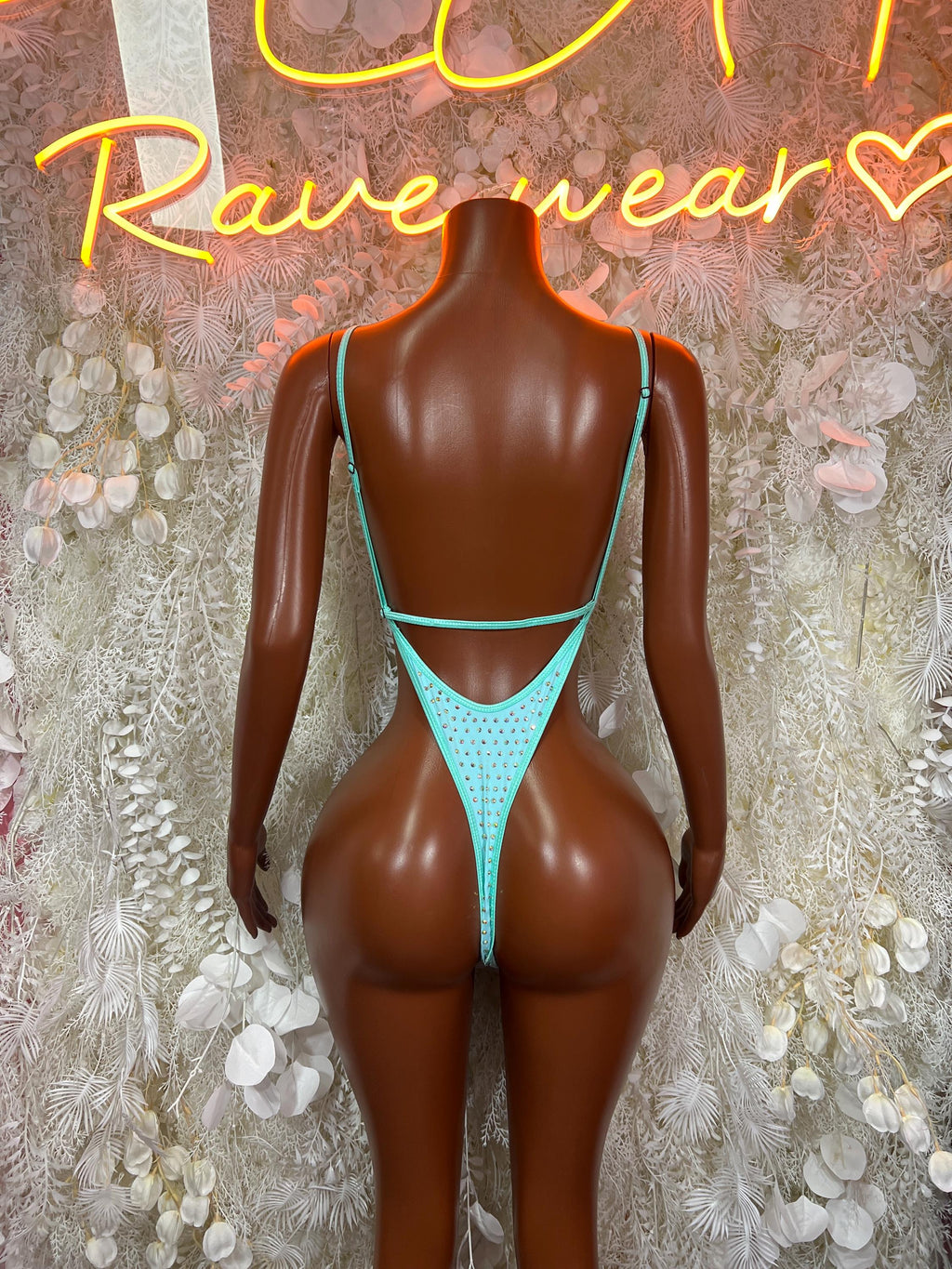 Teal rhinestone bodysuit, open-back high-cut design with thin straps