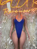 Royal blue rhinestone thong bodysuit with V-neck and thin straps