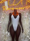 White rhinestone V-neck bodysuit with sleeveless cut, front detail sparkle