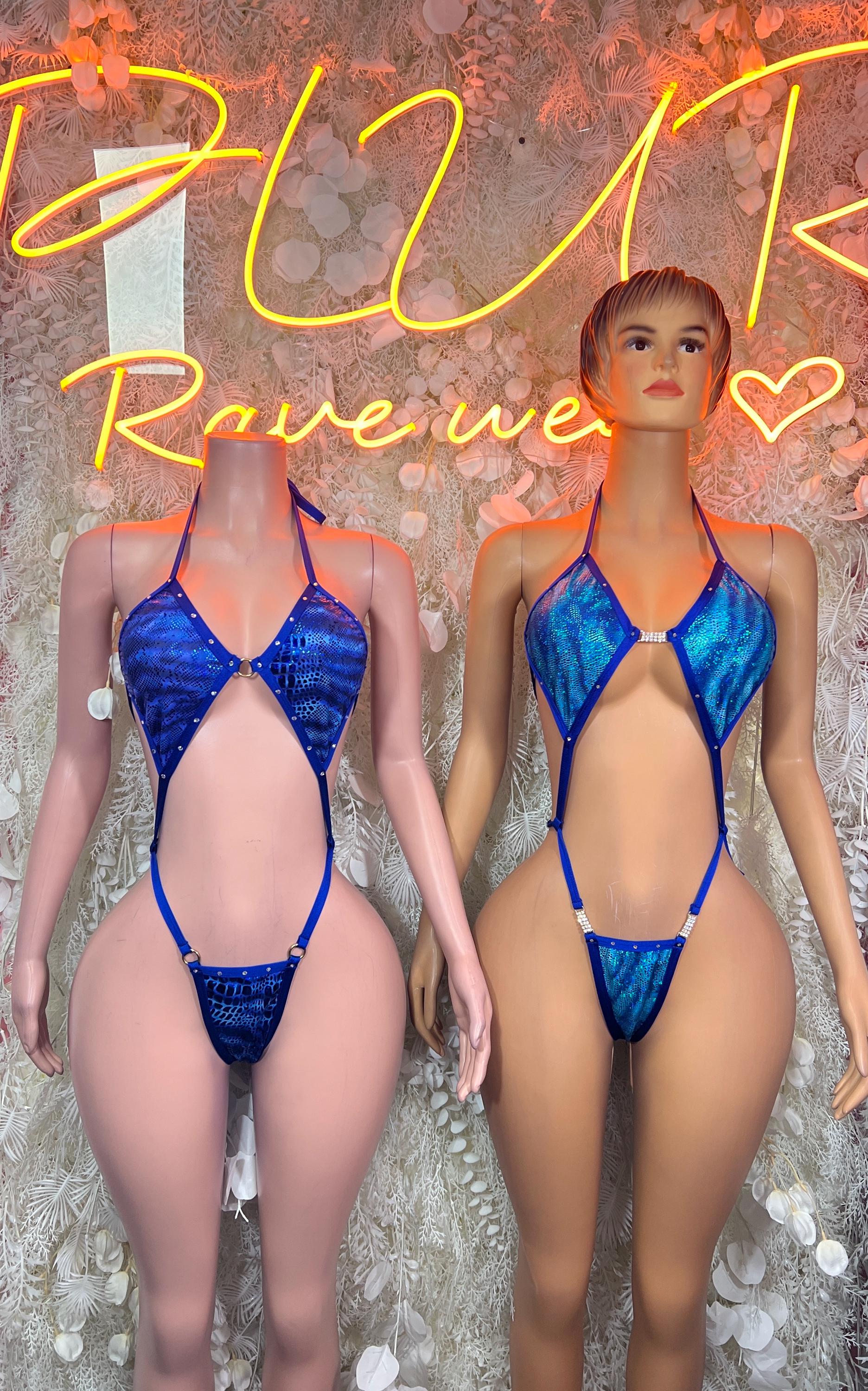 Blue snake-print bodysuits on two models with halter plunge front and thong back