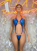 Blue snake-print strappy bodysuit with plunging neckline and thong back