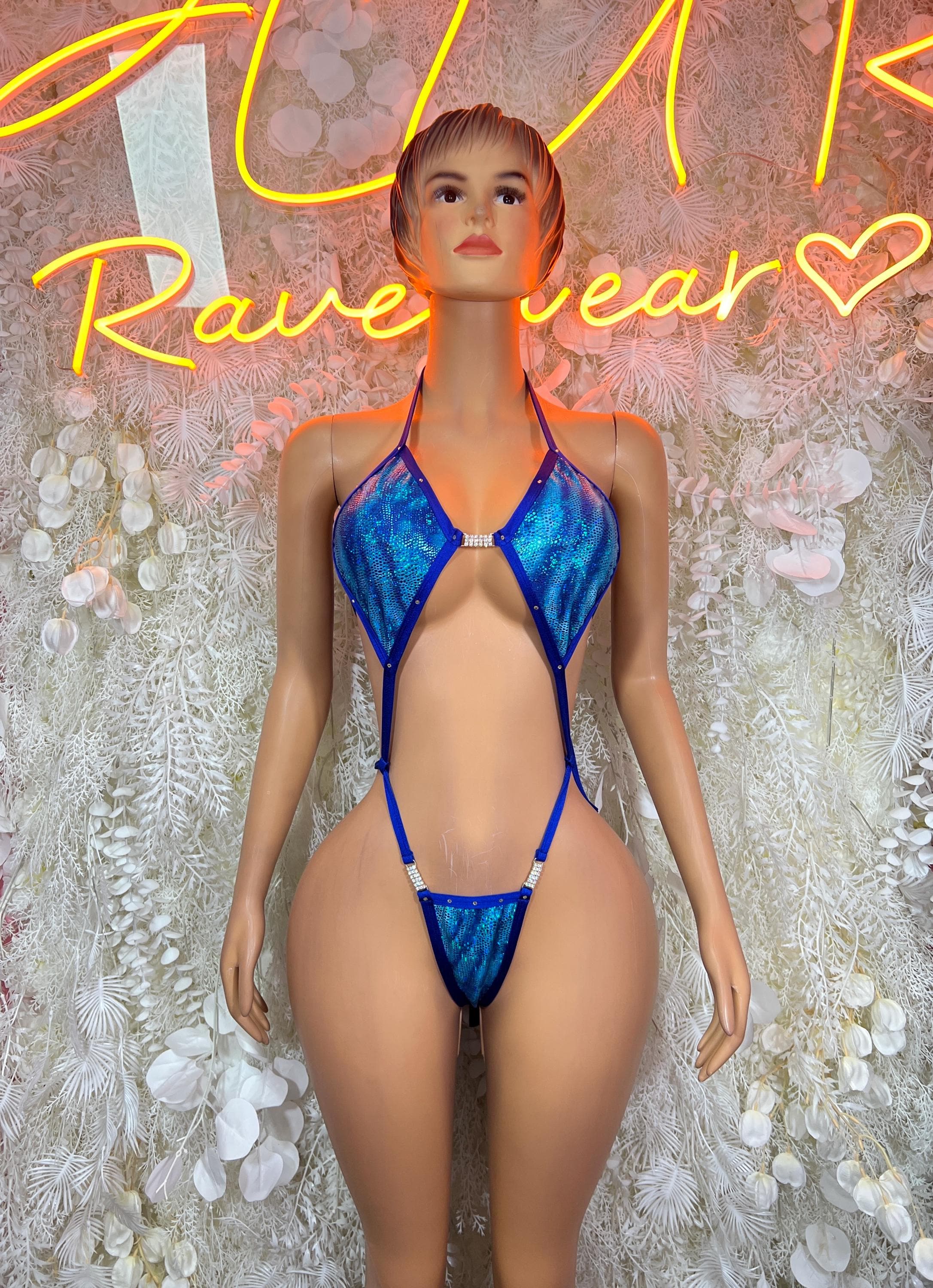 Blue snake-print strappy bodysuit with plunging neckline and thong back
